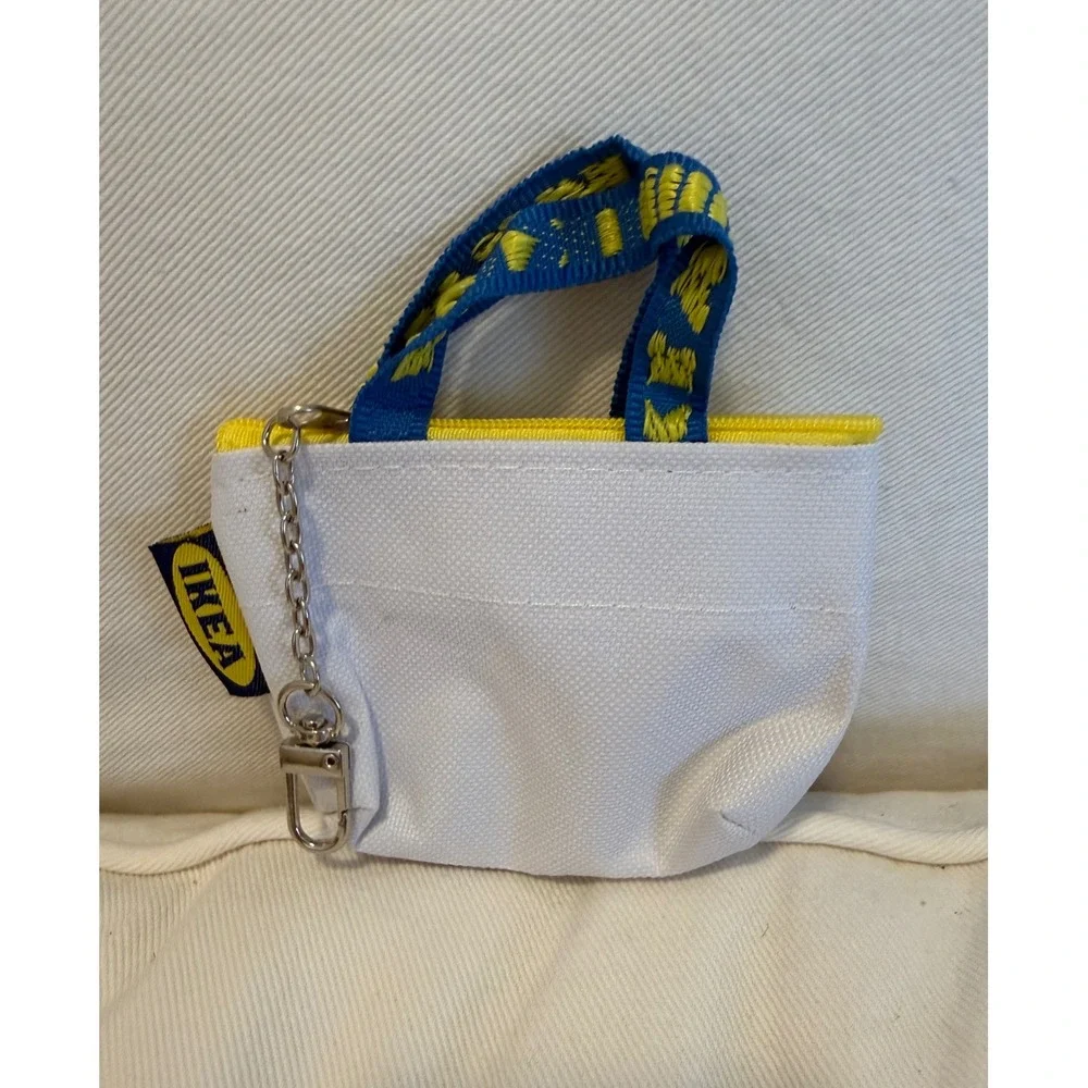 IKEA KNÖLIG Mini Bag Keychain Coin Purse Set of 3 Blue White Tan Burlap Zipper